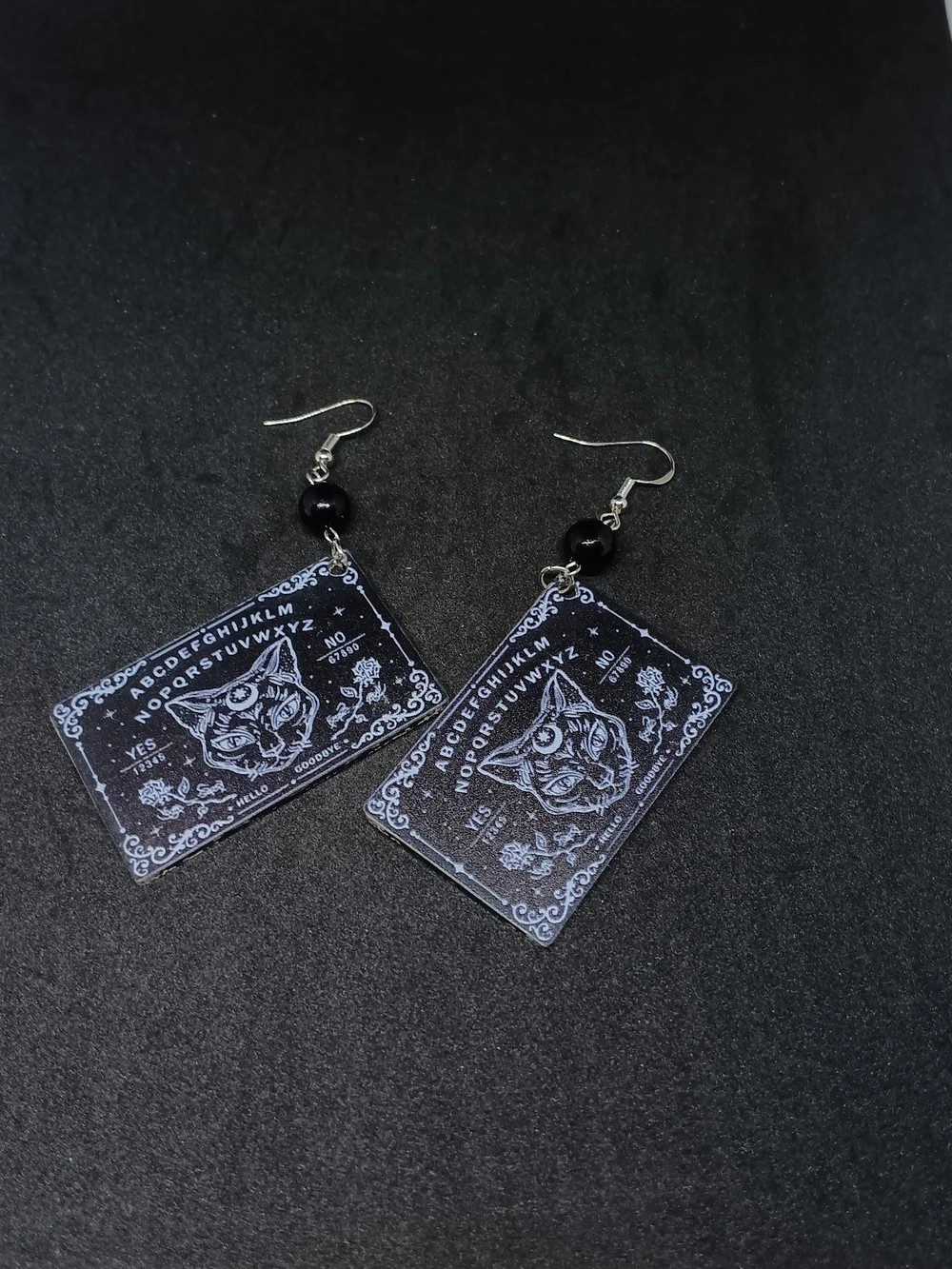 Mystic Cat Ouija Board Dangle Earrings - Black